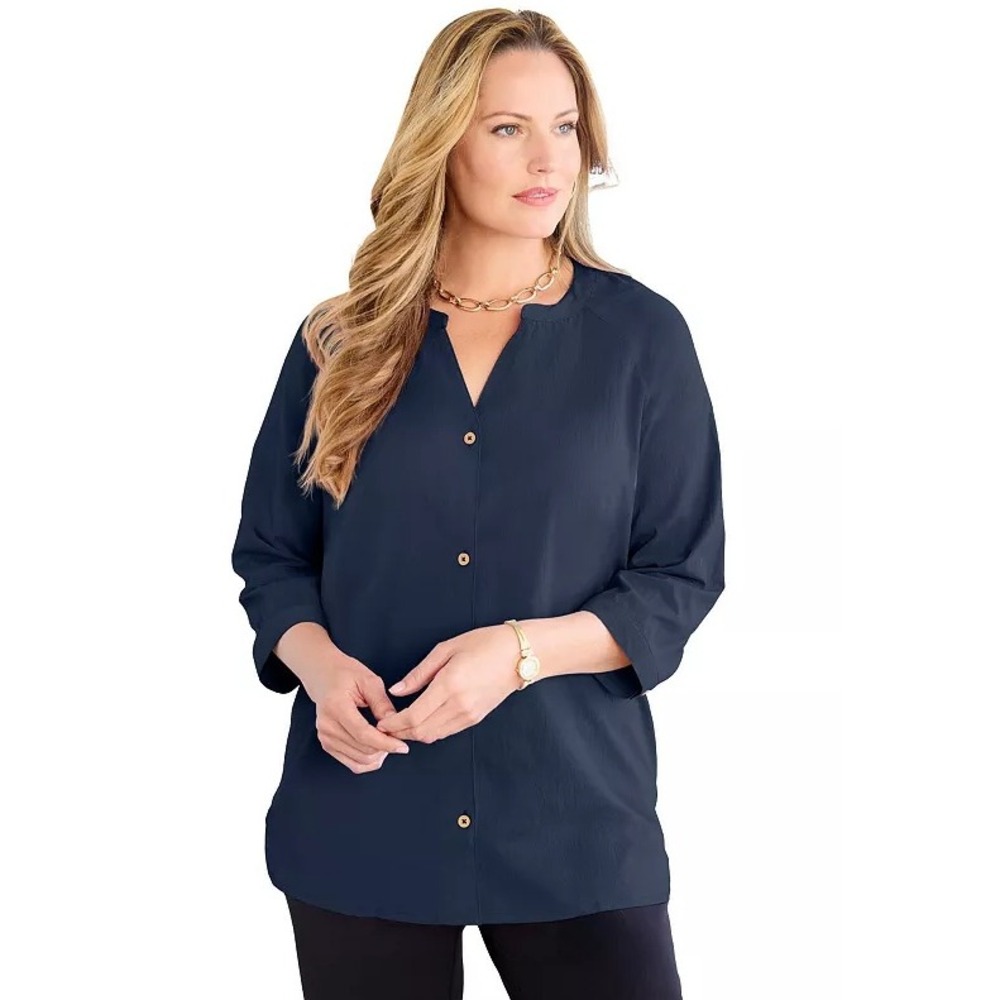 Catherines Y-Neck Blouse Women 4X Navy Blue 3/4 Sleeve Light Airy Button Up - Picture 5 of 6